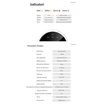 Detector Wi-Fi pentru Gaz Natural si GPL, Smart, Semnal Luminos si Acustic, Senzor de Temperatura, Control prin Aplicatia TUYA, Alerta pe Telefon, Ecran LCD, Prelevare prin Difuzie, MIANDREE®, Alb