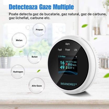 Detector Wi-Fi pentru Gaz Natural si GPL, Smart, Semnal Luminos si Acustic, Senzor de Temperatura, Control prin Aplicatia TUYA, Alerta pe Telefon, Ecran LCD, Prelevare prin Difuzie, MIANDREE®, Alb