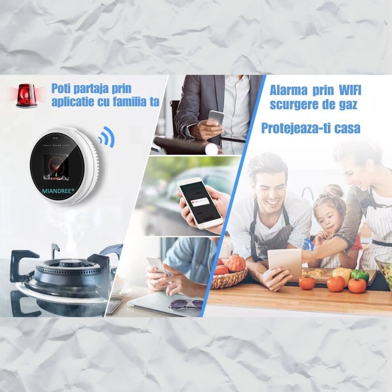 Detector Wi-Fi pentru Gaz Natural si GPL, Smart, Semnal Luminos si Acustic, Senzor de Temperatura, Control prin Aplicatia TUYA, Alerta pe Telefon, Ecran LCD, Prelevare prin Difuzie, MIANDREE®, Alb