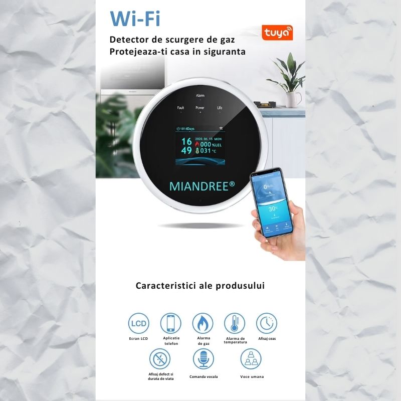 Detector Wi-Fi pentru Gaz Natural si GPL, Smart, Semnal Luminos si Acustic, Senzor de Temperatura, Control prin Aplicatia TUYA, Alerta pe Telefon, Ecran LCD, Prelevare prin Difuzie, MIANDREE®, Alb