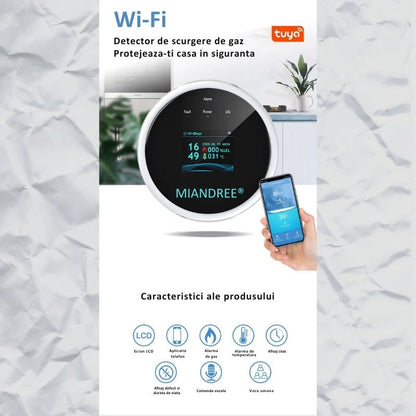 Detector Wi-Fi pentru Gaz Natural si GPL, Smart, Semnal Luminos si Acustic, Senzor de Temperatura, Control prin Aplicatia TUYA, Alerta pe Telefon, Ecran LCD, Prelevare prin Difuzie, MIANDREE®, Alb