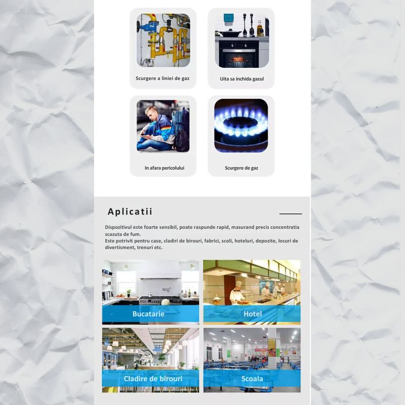 Detector Wi-Fi pentru Gaz Natural si GPL, Smart, Semnal Luminos si Acustic, Senzor de Temperatura, Control prin Aplicatia TUYA, Alerta pe Telefon, Ecran LCD, Prelevare prin Difuzie, MIANDREE®, Alb