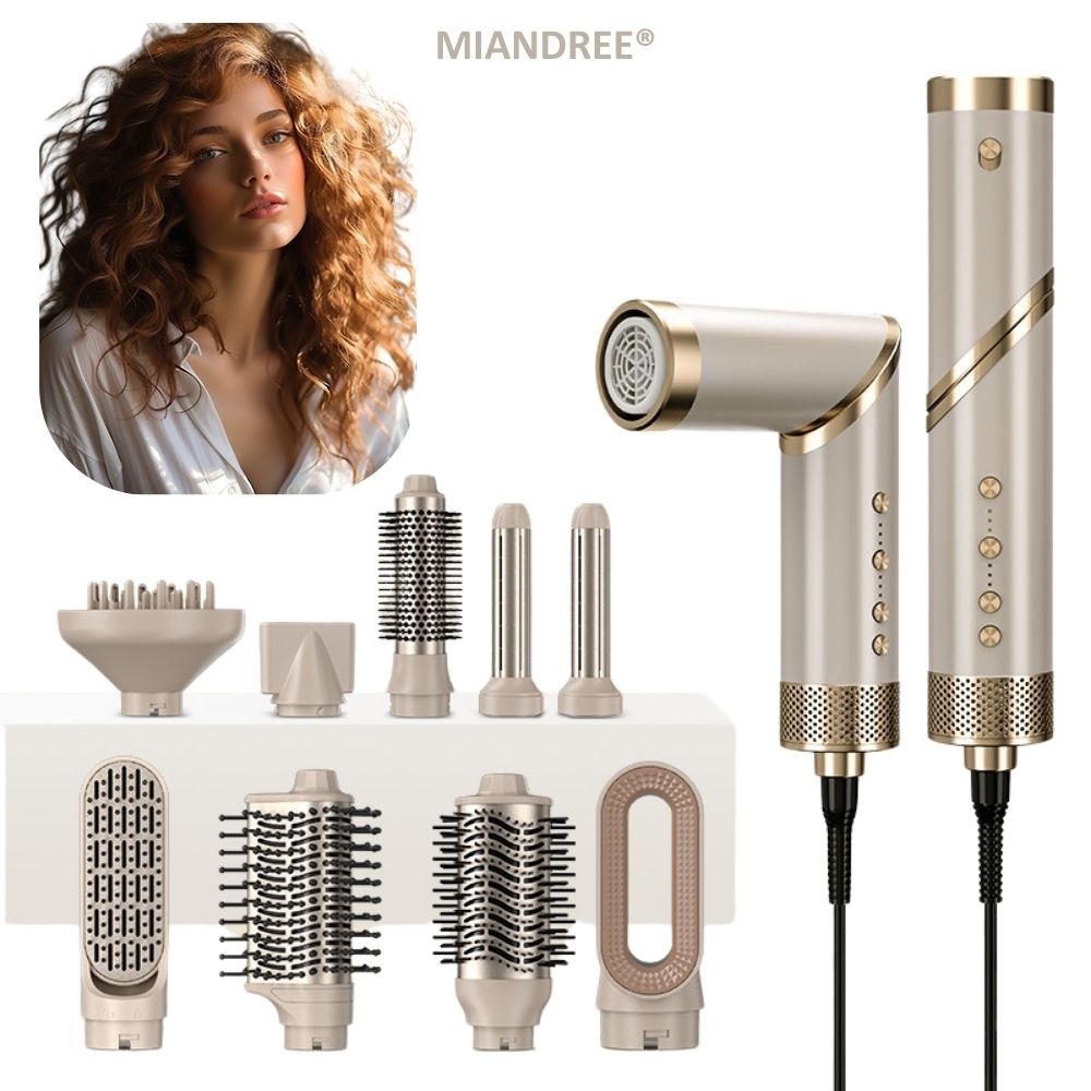 Set Uscator si Perie Electrica 9 in 1 MIANDREE | Ondulator cu Absorbtie si Difuzor, 1400W