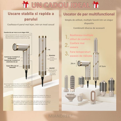Set Uscator si Perie Electrica 9 in 1 MIANDREE | Ondulator cu Absorbtie si Difuzor, 1400W
