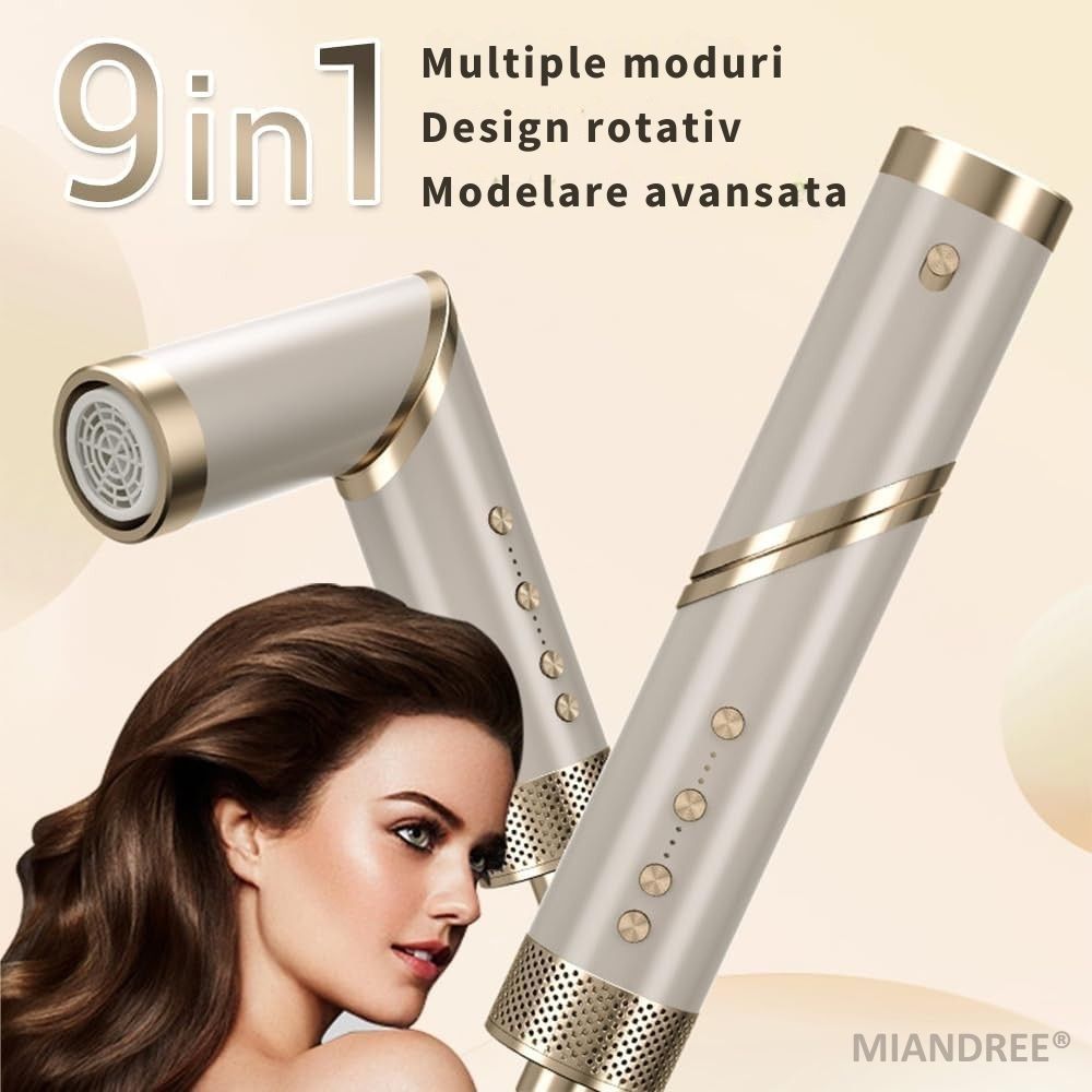Set Uscator si Perie Electrica 9 in 1 MIANDREE | Ondulator cu Absorbtie si Difuzor, 1400W