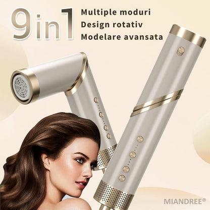 Set Uscator si Perie Electrica 9 in 1 MIANDREE | Ondulator cu Absorbtie si Difuzor, 1400W