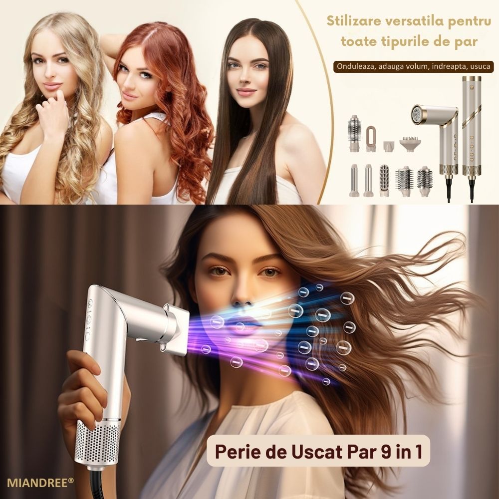 Set Uscator si Perie Electrica 9 in 1 MIANDREE | Ondulator cu Absorbtie si Difuzor, 1400W