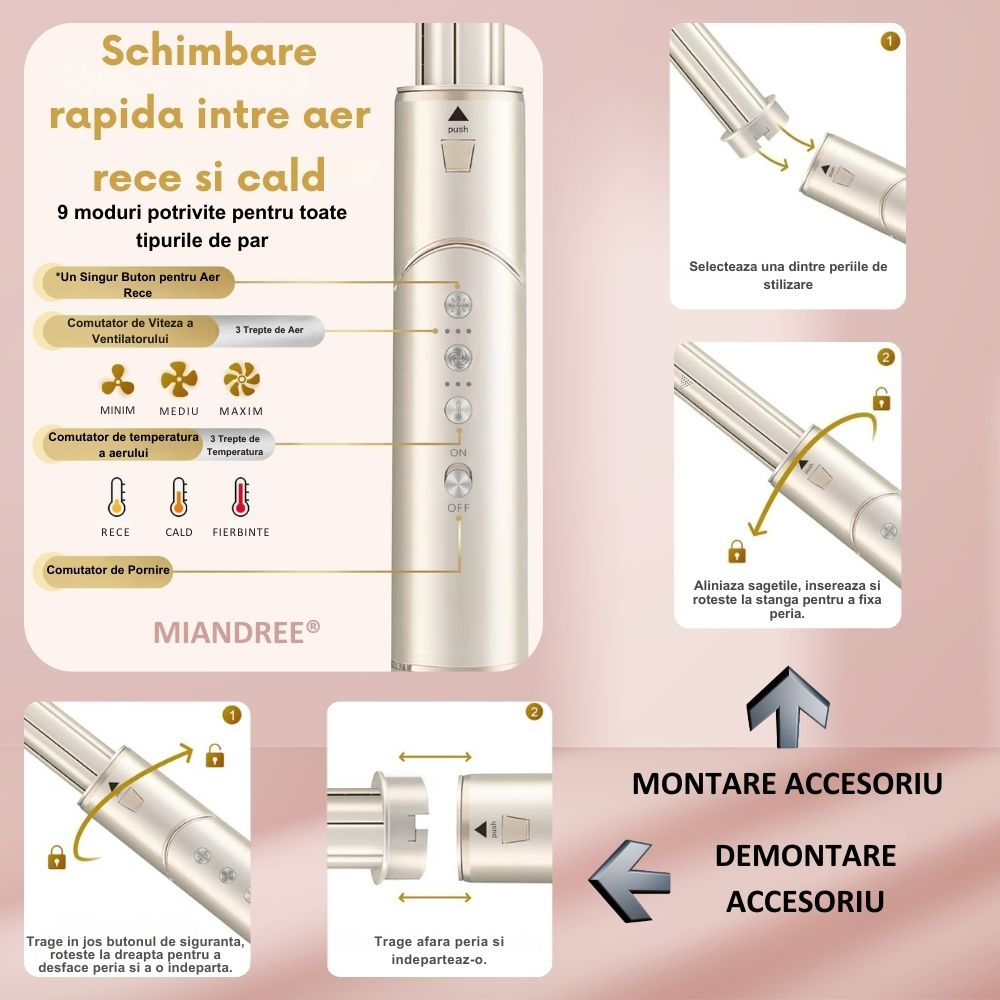 Set Uscator si Perie Electrica 9 in 1 MIANDREE | Ondulator cu Absorbtie si Difuzor, 1400W