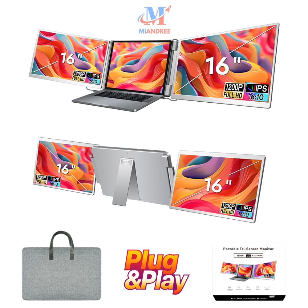 Monitor Portabil Dual pentru Laptop MIANDREE, Tri-Ecran 2x16" IPS, Full HD+, Rotativ 360°, Plug&Play