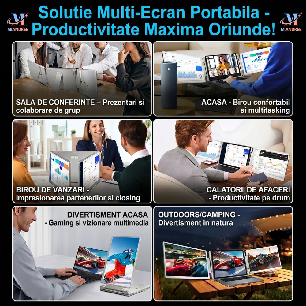 Monitor Portabil Dual pentru Laptop MIANDREE, Tri-Ecran 2x16" IPS, Full HD+, Rotativ 360°, Plug&Play