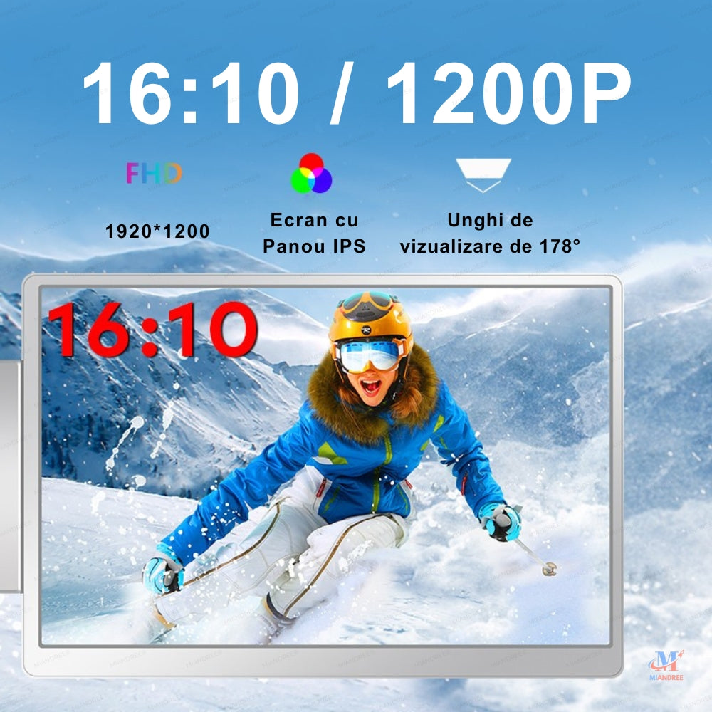 Monitor Portabil Dual pentru Laptop MIANDREE, Tri-Ecran 2x16" IPS, Full HD+, Rotativ 360°, Plug&Play