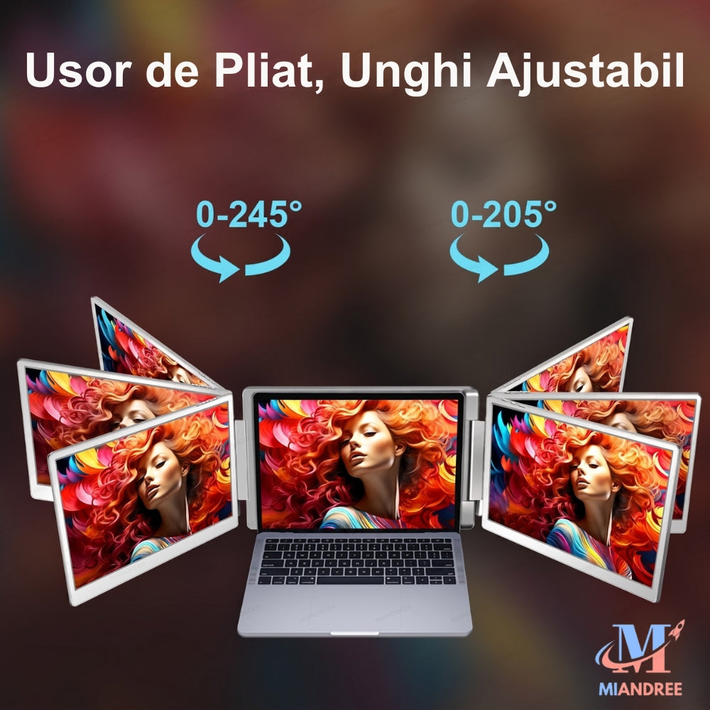 Monitor Portabil Dual pentru Laptop MIANDREE, Tri-Ecran 2x16" IPS, Full HD+, Rotativ 360°, Plug&Play