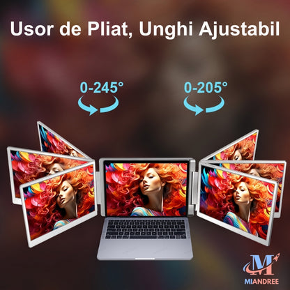 Monitor Portabil Dual pentru Laptop MIANDREE, Tri-Ecran 2x16" IPS, Full HD+, Rotativ 360°, Plug&Play