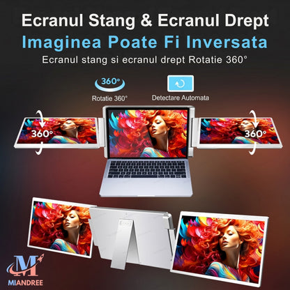 Monitor Portabil Dual pentru Laptop MIANDREE, Tri-Ecran 2x16" IPS, Full HD+, Rotativ 360°, Plug&Play
