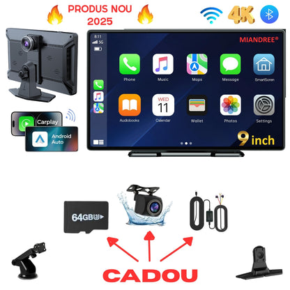 Navigatie Auto Universala 9" MIANDREE, CarPlay & Android Auto Wireless, Camera Fata 4K si Marsarier, Card 64GB CADOU