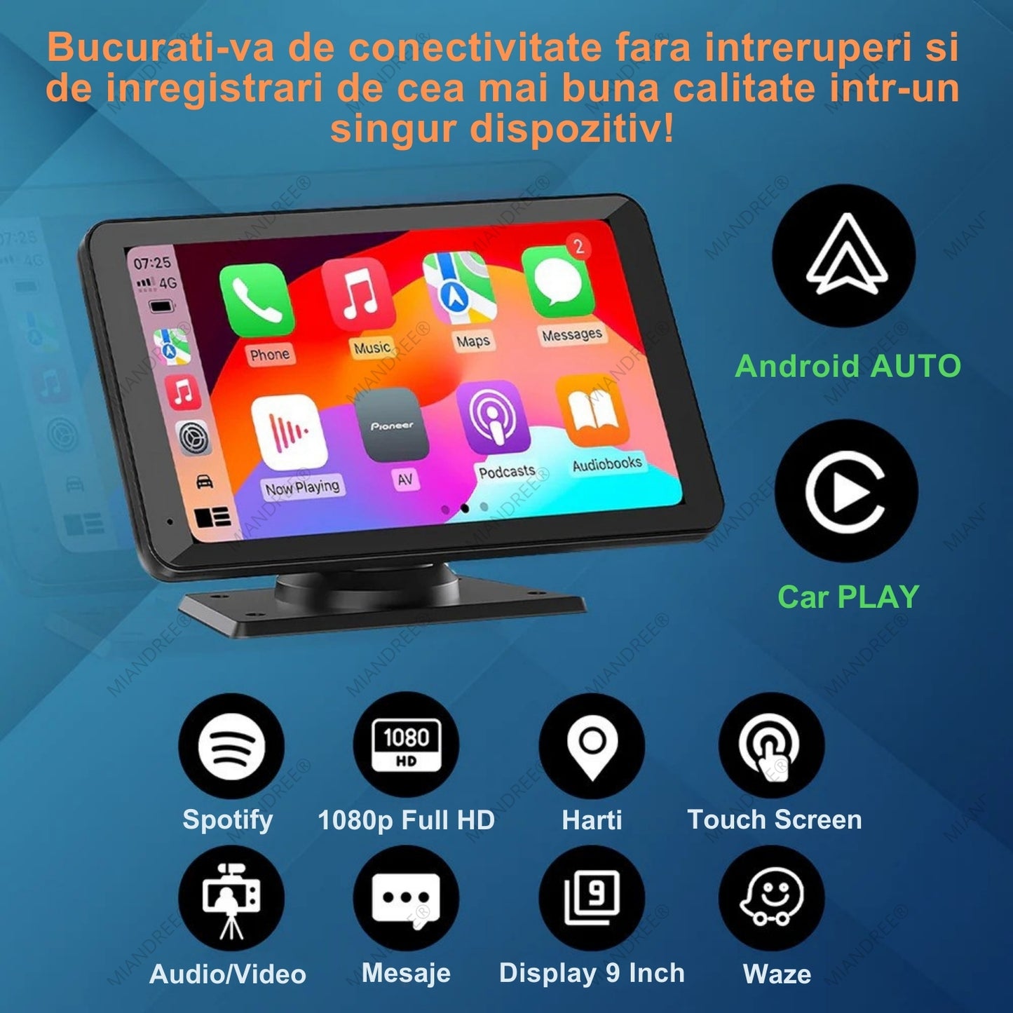 Navigatie Auto Universala 9" MIANDREE, CarPlay & Android Auto Wireless, Camera Fata 4K si Marsarier, Card 64GB CADOU