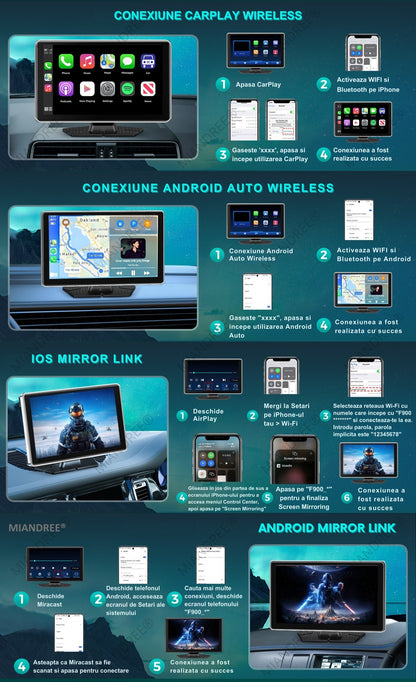 Navigatie Auto Universala 9" MIANDREE, CarPlay & Android Auto Wireless, Camera Fata 4K si Marsarier, Card 64GB CADOU