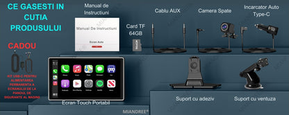 Navigatie Auto Universala 9" MIANDREE, CarPlay & Android Auto Wireless, Camera Fata 4K si Marsarier, Card 64GB CADOU