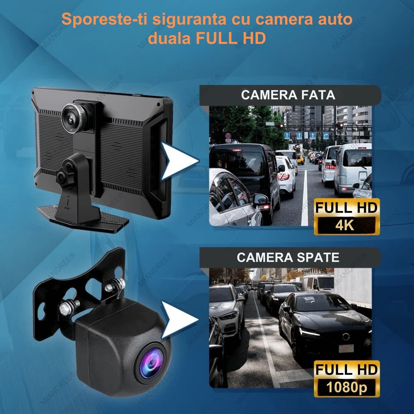 Navigatie Auto Universala 9" MIANDREE, CarPlay & Android Auto Wireless, Camera Fata 4K si Marsarier, Card 64GB CADOU
