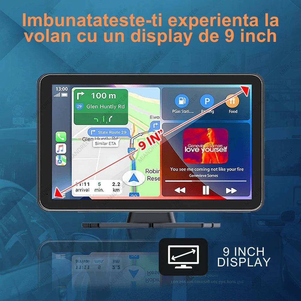 Navigatie Auto Universala 9" MIANDREE, CarPlay & Android Auto Wireless, Camera Fata 4K si Marsarier, Card 64GB CADOU