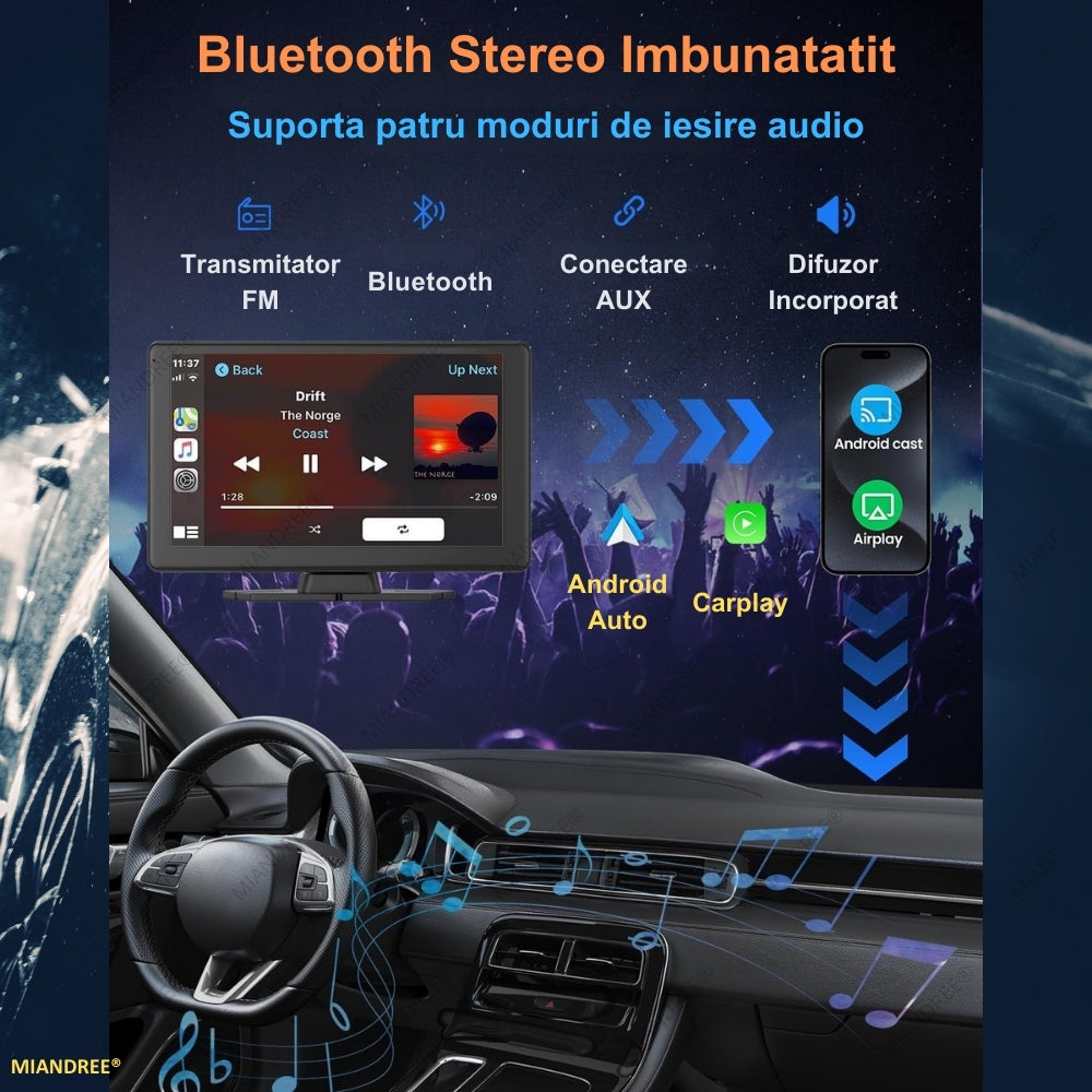 Navigatie Auto Universala 9" MIANDREE, CarPlay & Android Auto Wireless, Camera Fata 4K si Marsarier, Card 64GB CADOU