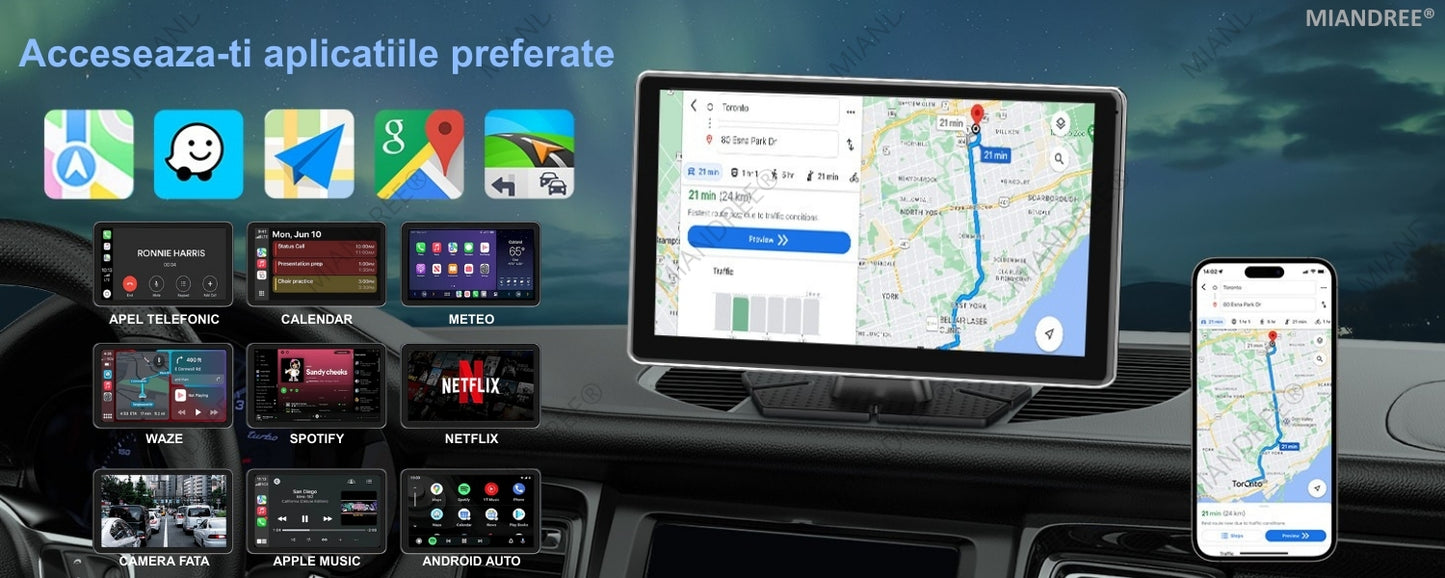 Navigatie Auto Universala 9" MIANDREE, CarPlay & Android Auto Wireless, Camera Fata 4K si Marsarier, Card 64GB CADOU