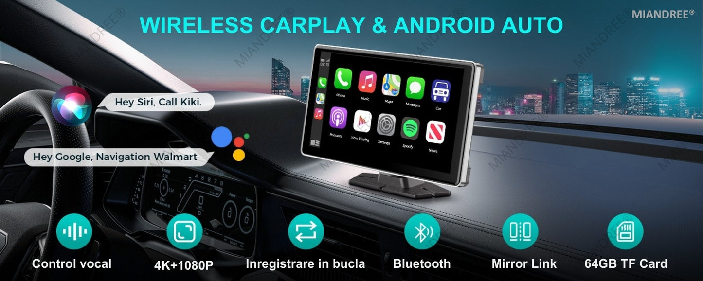 Navigatie Auto Universala 9" MIANDREE, CarPlay & Android Auto Wireless, Camera Fata 4K si Marsarier, Card 64GB CADOU