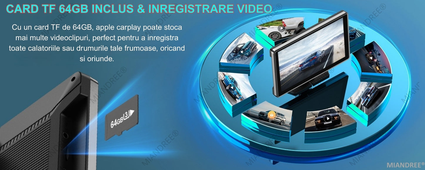 Navigatie Auto Universala 9" MIANDREE, CarPlay & Android Auto Wireless, Camera Fata 4K si Marsarier, Card 64GB CADOU