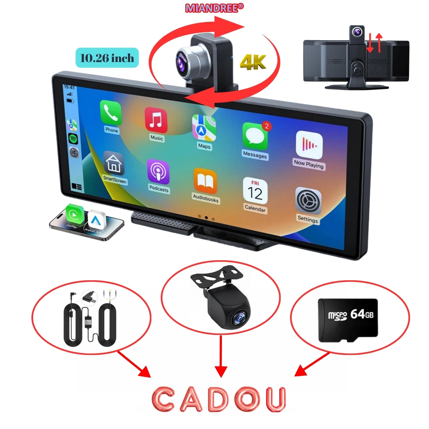Navigatie Auto Universala 10.26" MIANDREE, CarPlay & Android Auto Wireless, Camera Fata 4K si Marsarier, Card 64GB CADOU