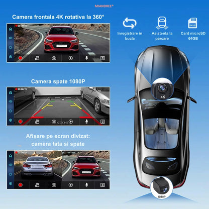 Navigatie Auto Universala 10.26" MIANDREE, CarPlay & Android Auto Wireless, Camera Fata 4K si Marsarier, Card 64GB CADOU