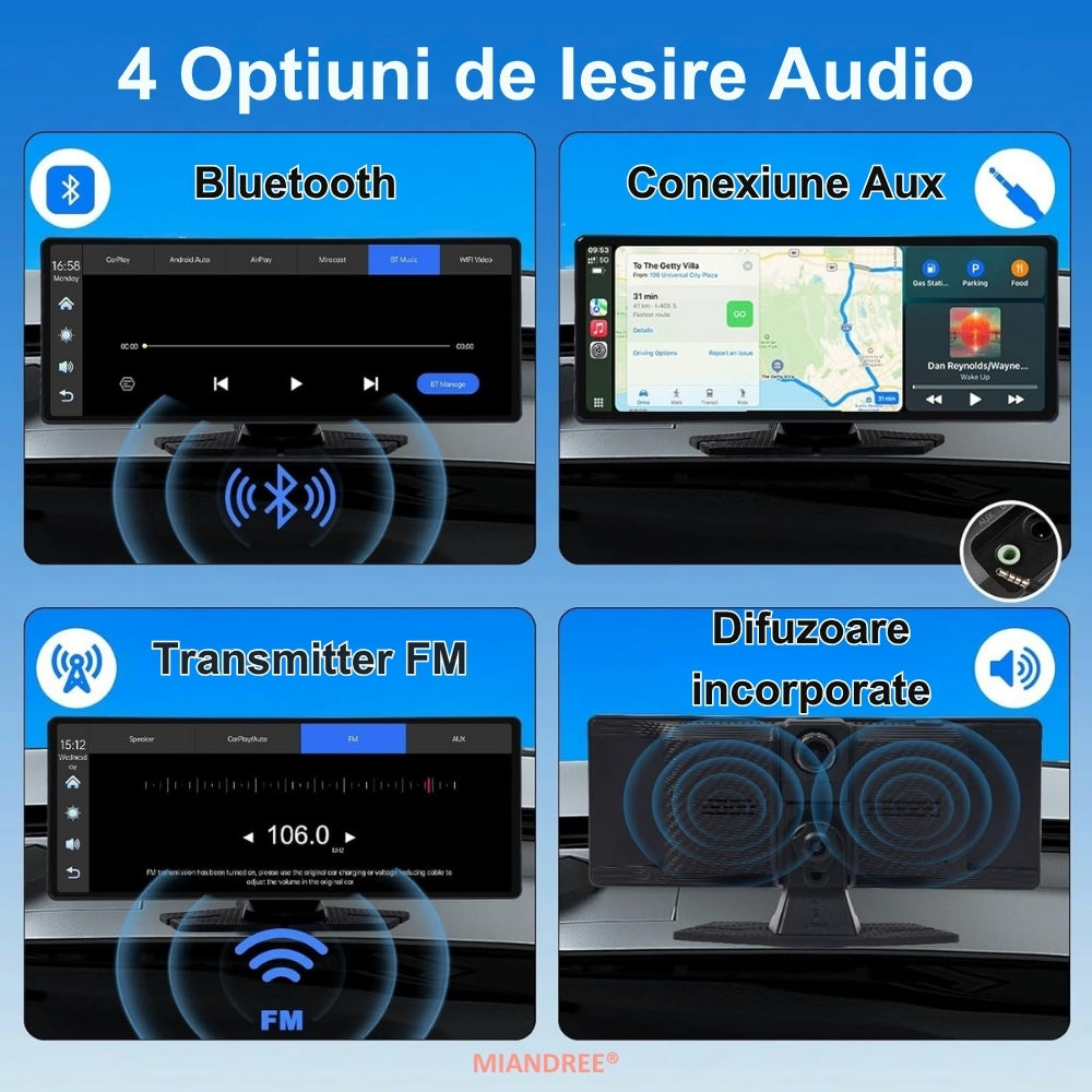 Navigatie Auto Universala 10.26" MIANDREE, CarPlay & Android Auto Wireless, Camera Fata 4K si Marsarier, Card 64GB CADOU