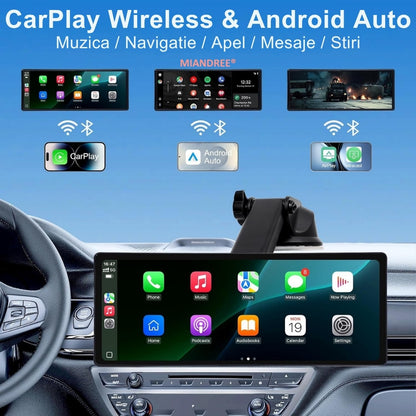 Navigatie Auto Universala 10.26" MIANDREE, CarPlay & Android Auto Wireless, Camera Fata 4K si Marsarier, Card 64GB CADOU