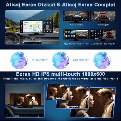 Navigatie Auto Universala 10.26" MIANDREE, CarPlay & Android Auto Wireless, Camera Fata 4K si Marsarier, Card 64GB CADOU