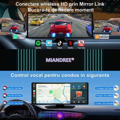 Navigatie Auto Universala 10.26" MIANDREE, CarPlay & Android Auto Wireless, Camera Fata 4K si Marsarier, Card 64GB CADOU