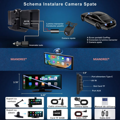 Navigatie Auto Universala 10.26" MIANDREE, CarPlay & Android Auto Wireless, Camera Fata 4K si Marsarier, Card 64GB CADOU