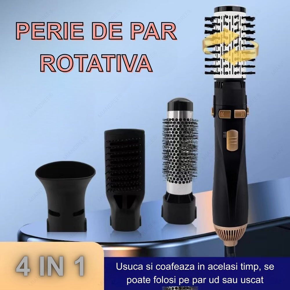 Perie Rotativa 360° cu Aer Cald 4 in 1 | Uscator si Stilizator Ionic, 1200W