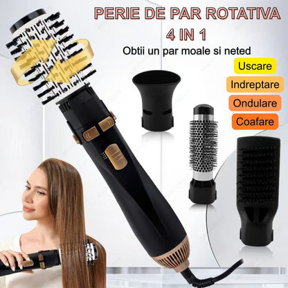 Perie Rotativa 360° cu Aer Cald 4 in 1 | Uscator si Stilizator Ionic, 1200W