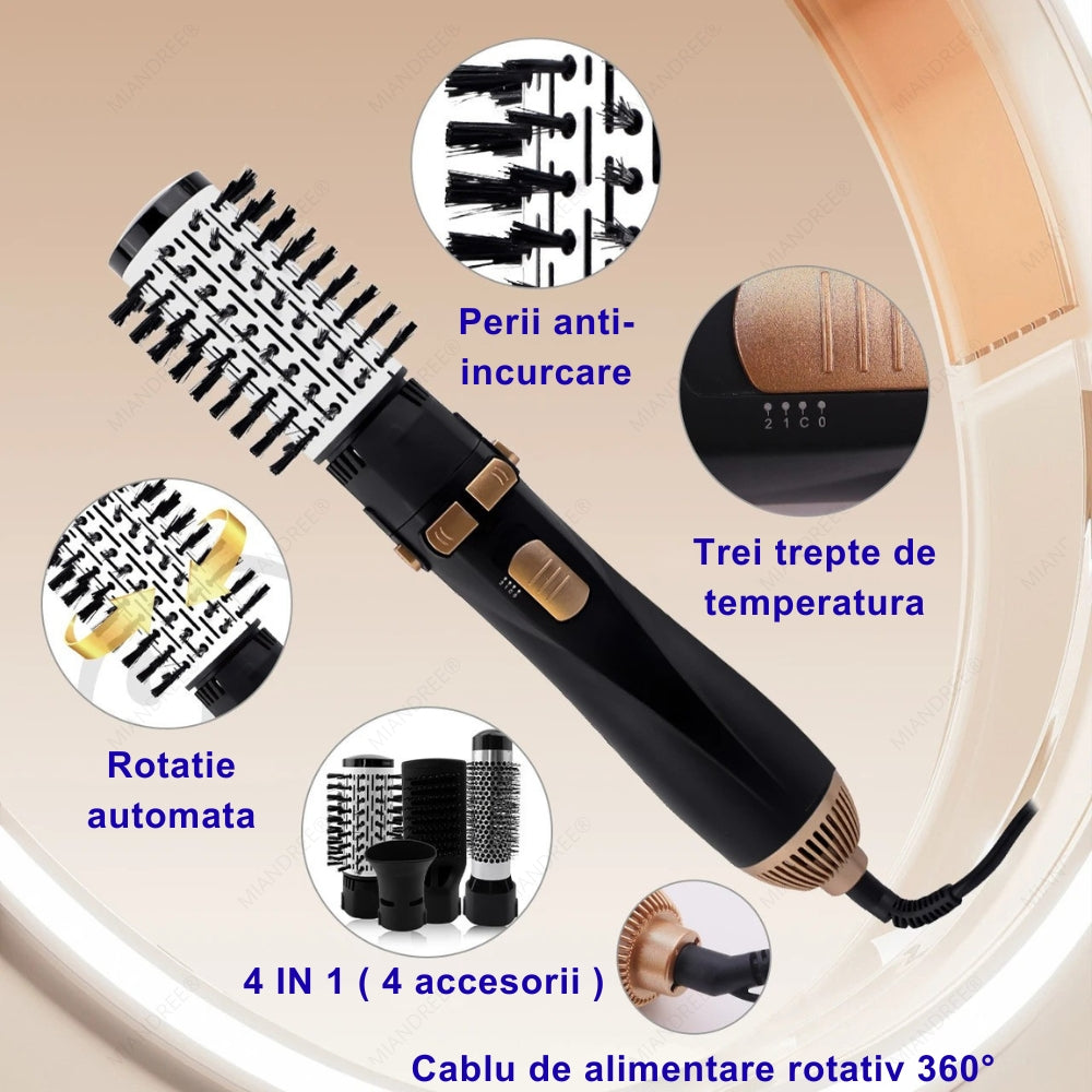 Perie Rotativa 360° cu Aer Cald 4 in 1 | Uscator si Stilizator Ionic, 1200W