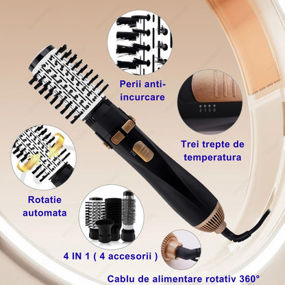 Perie Rotativa 360° cu Aer Cald 4 in 1 | Uscator si Stilizator Ionic, 1200W