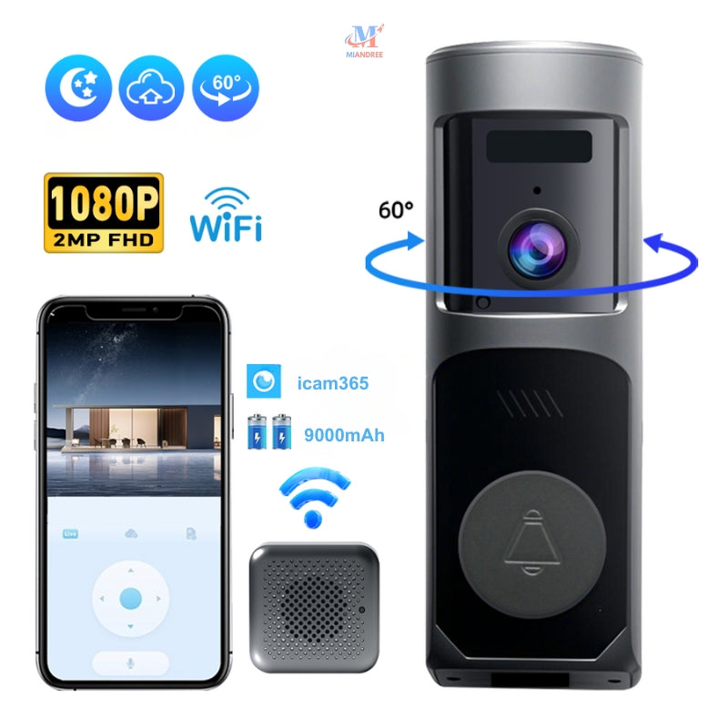 Sonerie Video Inteligenta pentru Usa/Poarta Wi-Fi MIANDREE, 1080P HD, Autonomie 90 de zile, Audio Bidirectional, Camera HD, Aplicatie Telefon & Senzor Miscare
