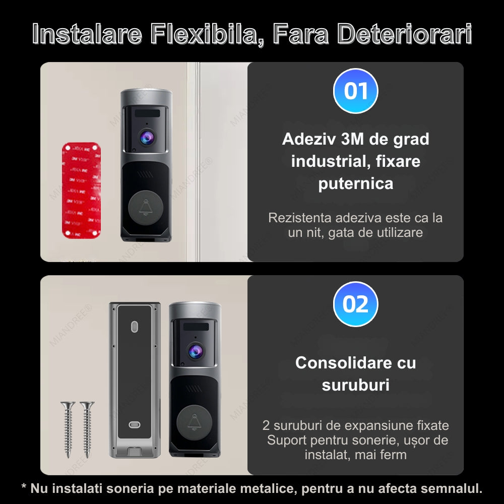 Sonerie Video Inteligenta pentru Usa/Poarta Wi-Fi MIANDREE, 1080P HD, Autonomie 90 de zile, Audio Bidirectional, Camera HD, Aplicatie Telefon & Senzor Miscare