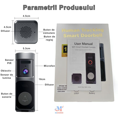 Sonerie Video Inteligenta pentru Usa/Poarta Wi-Fi MIANDREE, 1080P HD, Autonomie 90 de zile, Audio Bidirectional, Camera HD, Aplicatie Telefon & Senzor Miscare