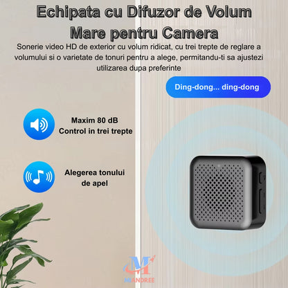 Sonerie Video Inteligenta pentru Usa/Poarta Wi-Fi MIANDREE, 1080P HD, Autonomie 90 de zile, Audio Bidirectional, Camera HD, Aplicatie Telefon & Senzor Miscare