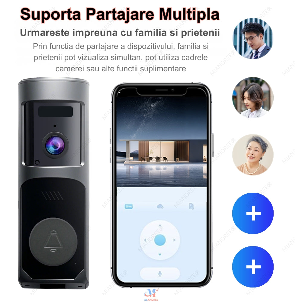 Sonerie Video Inteligenta pentru Usa/Poarta Wi-Fi MIANDREE, 1080P HD, Autonomie 90 de zile, Audio Bidirectional, Camera HD, Aplicatie Telefon & Senzor Miscare