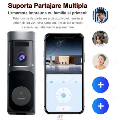 Sonerie Video Inteligenta pentru Usa/Poarta Wi-Fi MIANDREE, 1080P HD, Autonomie 90 de zile, Audio Bidirectional, Camera HD, Aplicatie Telefon & Senzor Miscare