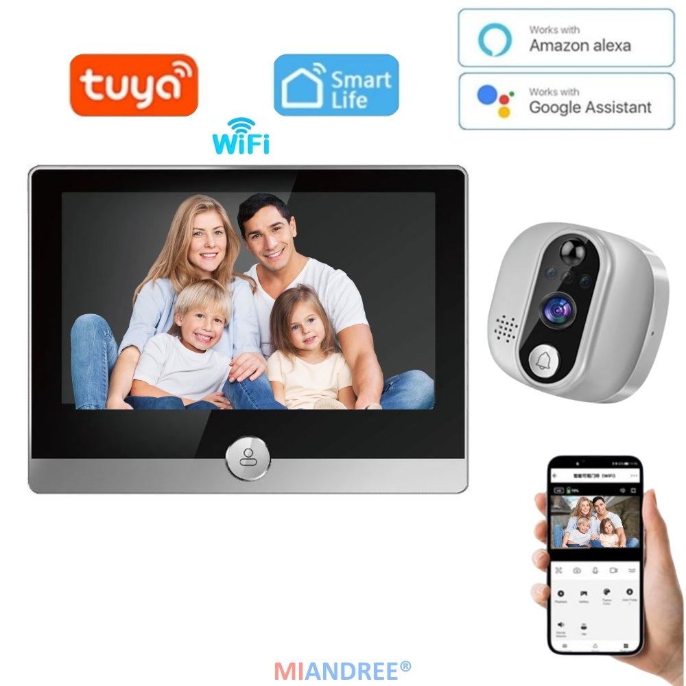 Vizor Electronic Inteligent Wi-Fi, MIANDREE®, Camera 1080P HD, Ecran LCD 4.3 Inch, Senzor Miscare, Audio Bidirectional, Vizualizare Nocturna, Aplicatie Telefon Android/iOS, Baterie Reincarcabila 5000mAh, Instalare Usoara, Supraveghere Sigura, Argintiu