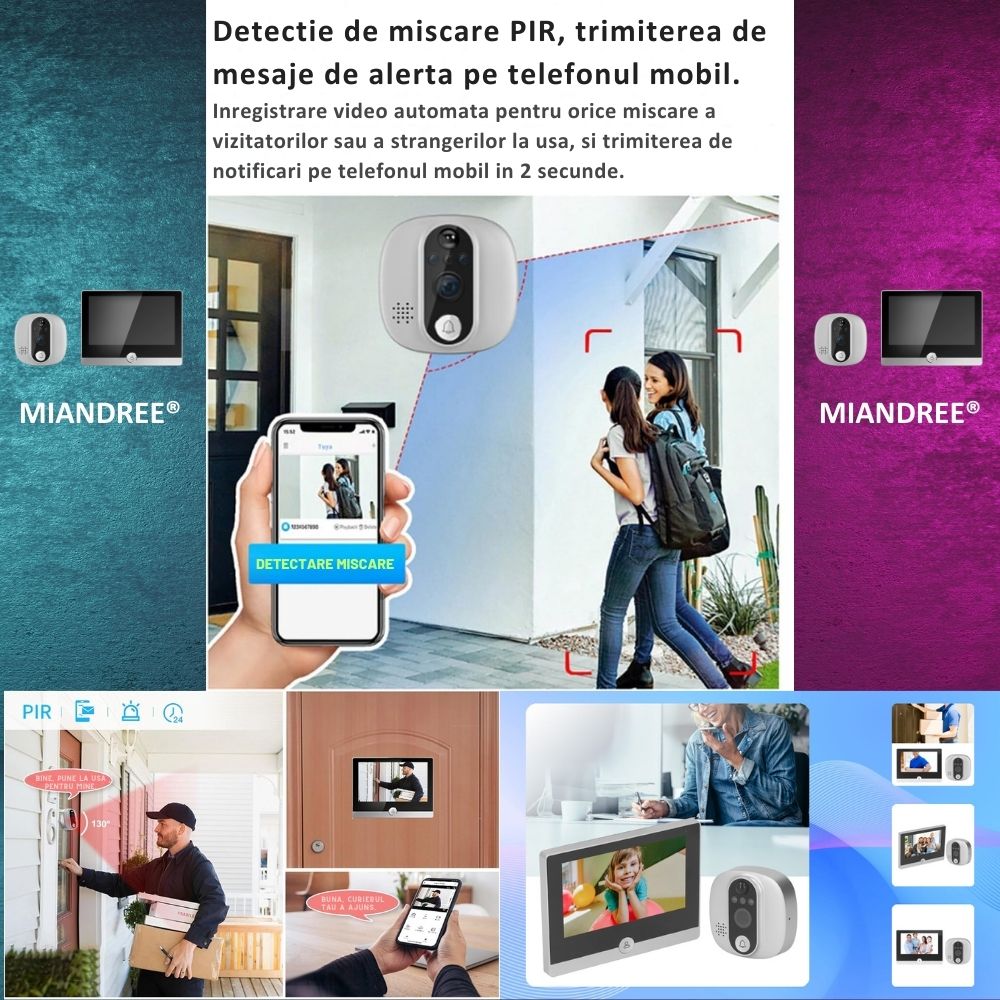 Vizor Electronic Inteligent Wi-Fi, MIANDREE®, Camera 1080P HD, Ecran LCD 4.3 Inch, Senzor Miscare, Audio Bidirectional, Vizualizare Nocturna, Aplicatie Telefon Android/iOS, Baterie Reincarcabila 5000mAh, Instalare Usoara, Supraveghere Sigura, Argintiu