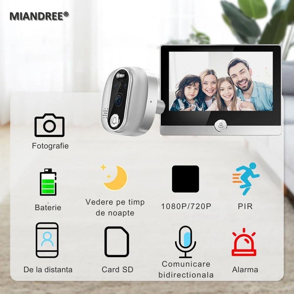 Vizor Electronic Inteligent Wi-Fi, MIANDREE®, Camera 1080P HD, Ecran LCD 4.3 Inch, Senzor Miscare, Audio Bidirectional, Vizualizare Nocturna, Aplicatie Telefon Android/iOS, Baterie Reincarcabila 5000mAh, Instalare Usoara, Supraveghere Sigura, Argintiu