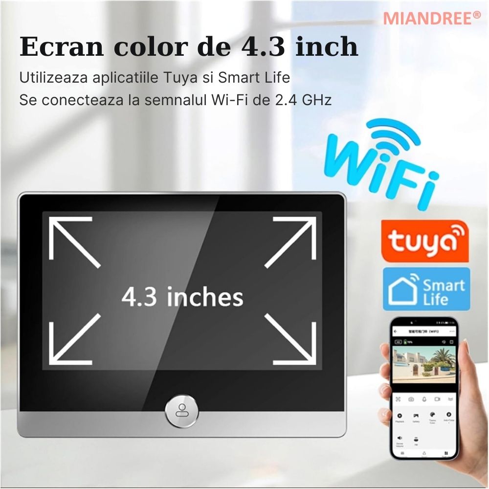 Vizor Electronic Inteligent Wi-Fi, MIANDREE®, Camera 1080P HD, Ecran LCD 4.3 Inch, Senzor Miscare, Audio Bidirectional, Vizualizare Nocturna, Aplicatie Telefon Android/iOS, Baterie Reincarcabila 5000mAh, Instalare Usoara, Supraveghere Sigura, Argintiu