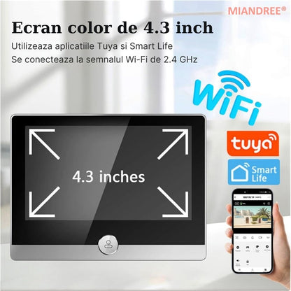Vizor Electronic Inteligent Wi-Fi, MIANDREE®, Camera 1080P HD, Ecran LCD 4.3 Inch, Senzor Miscare, Audio Bidirectional, Vizualizare Nocturna, Aplicatie Telefon Android/iOS, Baterie Reincarcabila 5000mAh, Instalare Usoara, Supraveghere Sigura, Argintiu
